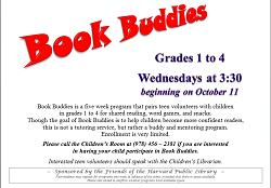 Image of a sign that says book buddies in large red print and has smaller print with more information