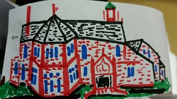 Photo of a drawing of the harvard public library made with magic markers