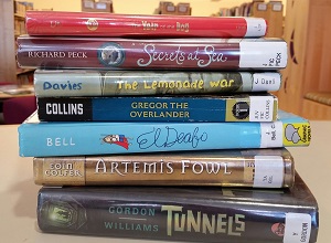 Photo of a stack of library books