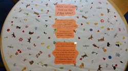 Photo of a child's table covered with a sheet of paper that has stickers on it