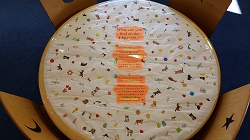 Photo of a child's table covered with a piece of paper and stickers