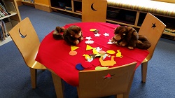 Photo of two monkey puppets sitting on a child's table that is covered in red felt and felt pieces