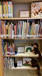 Photo of two monkey puppets on a library bookshelf reading books
