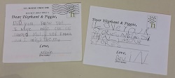 More Elephant and Piggie postcards! Photo of two postcards written by a child