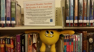 Nibbles and the Advanced Reader Books Photo of a yellow stuffed animal monster on a shelf of library books