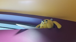 Photo of a yellow stuffed animal monster in a high window with a paper airplane