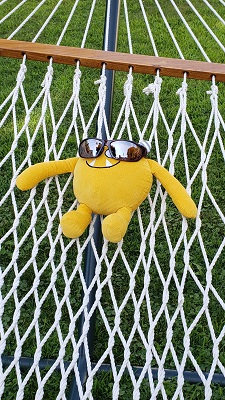 Photo of a yellow stuffed animal monster wearing sunglasses and lying in a hammock