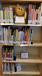 Photo of a yellow stuffed animal monster on a shelf with library books