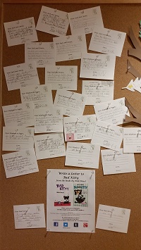 Photo of a bulletin board with many postcards pinned to it