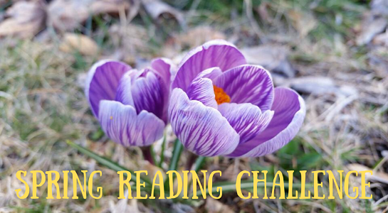 Photo of purple crocus flowers with the words spring reading challenge
