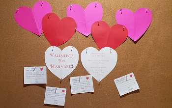 Photo of a bulletin board with paper hearts