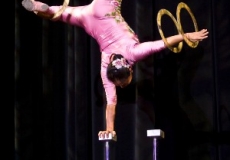 Female acrobat balancing on one hand while spinning rings on her other hand and both legs