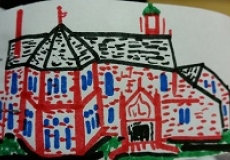 Photo of a drawing of the harvard public library made with magic markers