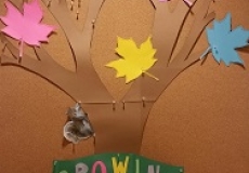 Growing Readers Tree Photo of a bulletin board with a construction paper tree and leaves on it