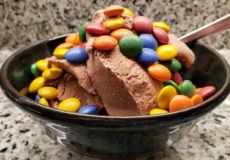 Bowl of chocolate ice cream with chocolate candies on top