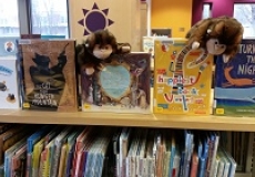 Photo of two monkey puppets looking a new library picturebooks