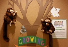 Photo of two monkey puppets in front a bulletin board with a paper tree on it