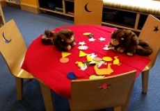 Photo of two monkey puppets sitting on a child's table that is covered in red felt and felt pieces