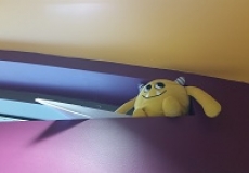 Photo of a yellow stuffed animal monster in a high window with a paper airplane