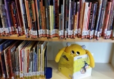 Nibbles and the Halloween Books Photo of a yellow stuffed animal monster sitting on a library shelf reading a book