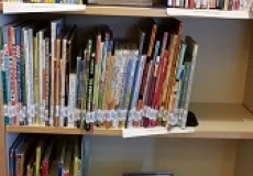 Nibbles and the Spanish Language Books Photo of a yellow stuffed animal monster on a shelf with library books