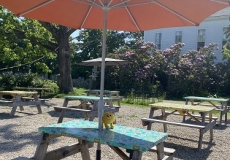 Nibbles the yellow book monster sitting on an outdoor picnic table with a blue tablecloth and orange umbrella.