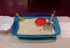 Photo of a plastic tub filled with rice and tools to scoop and play with the rice